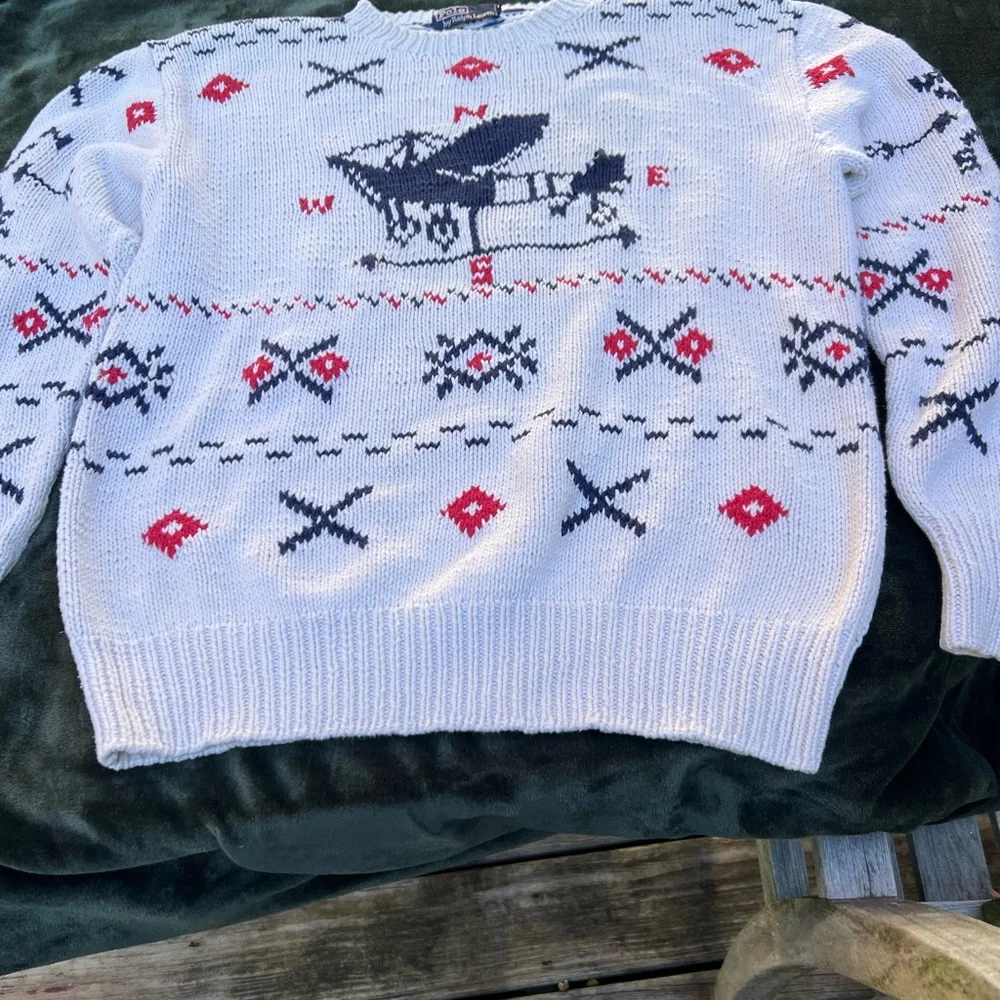 Ralph Lauren White and Navy Crewneck Sweater with Airplane Design - Picture 3 of 3